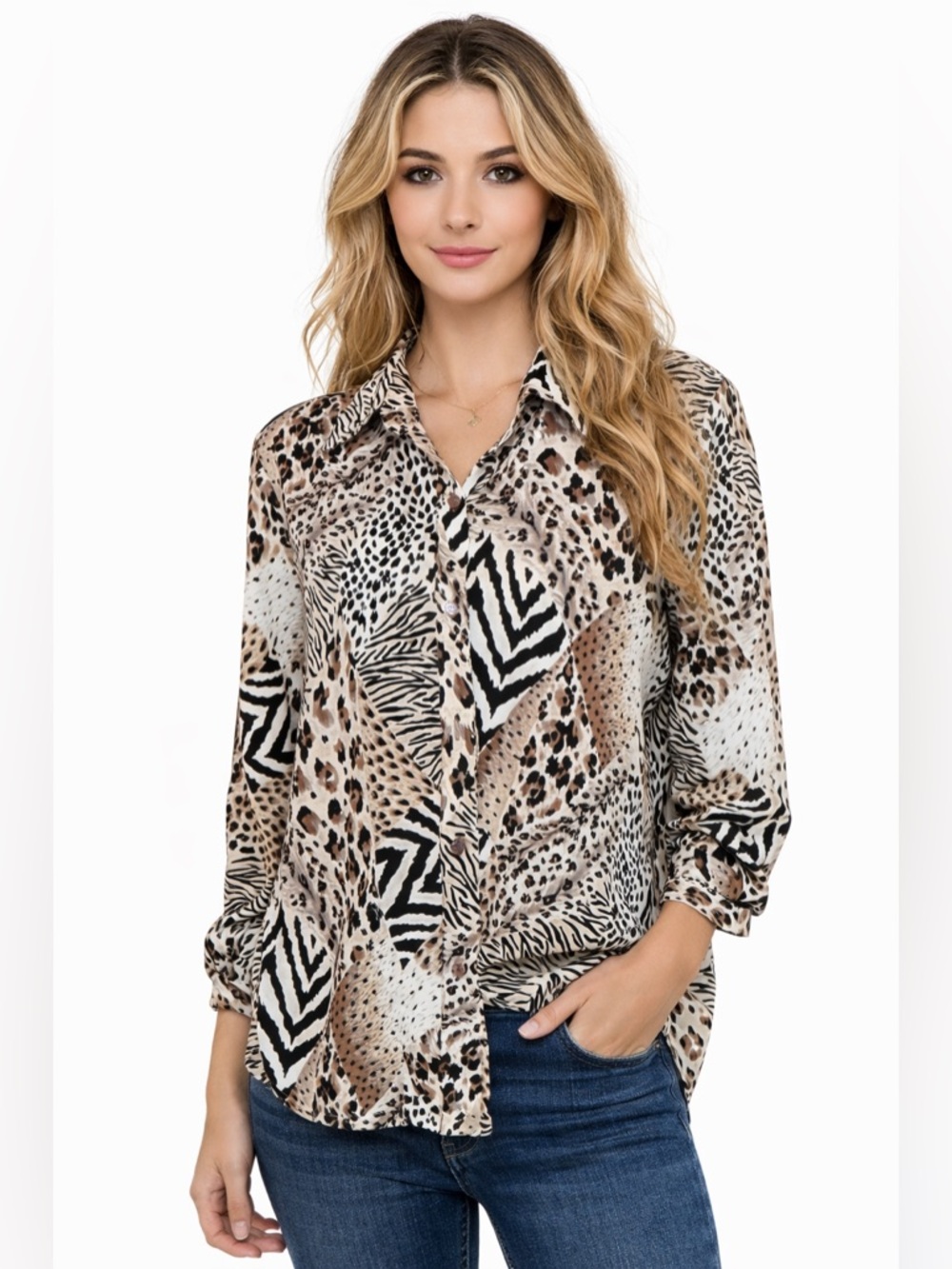 Vintage 90s Animal Print Blouse Mixed Zebra Leopard Button Down Oversized Top